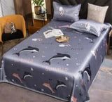 Ice Silk Bed Sheet Quilt Cover Pillowcase Set with Dolphin Design, Cool Summer Vibe, Solid Color Bedroom Decor