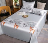Ice silk bed sheet with quilt cover and pillowcase set in gray featuring deer and landscape design.