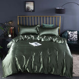 Summer Simple Pure Color Ice Silk Bed Linen Quilt Cover Bedding in dark green decor, styled with pillows and stylish bed frame.