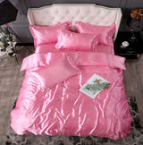 Bed Sheet Quilt Cover Naked Sleep Cool Silk Single Three Piece Set in vibrant pink, elegantly arranged on a stylish bed.