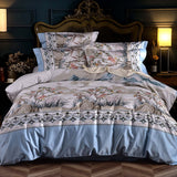 Fashionable high-end satin duvet cover with pastoral plant printing, featuring floral designs and elegant color scheme.