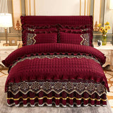 European Style Quilted Thick Plus Velvet Duvet Cover Bed Skirt Four-piece Suit in burgundy with embroidery detailing.