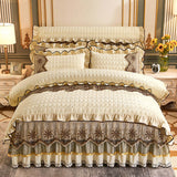 European style quilted thick plus velvet duvet cover and bed skirt four-piece suit in cream with floral embroidery.