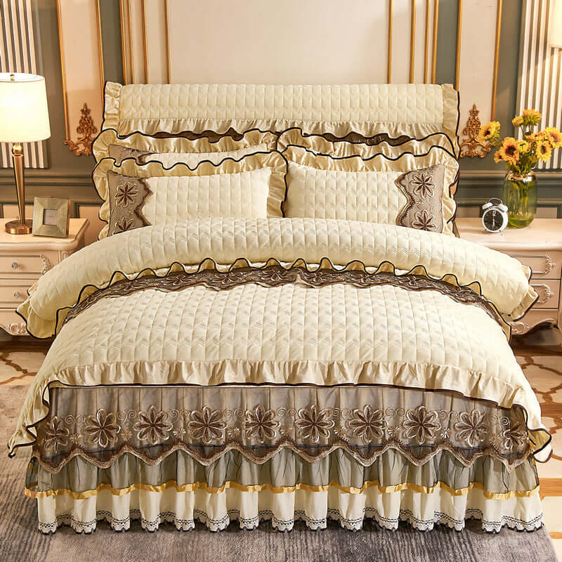 European style quilted thick plus velvet duvet cover and bed skirt four-piece suit in cream with floral embroidery.