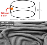 Dimensions and soft material detail for Bag Chair Coverit, 6ft round dark grey velvet sofa bed cover.