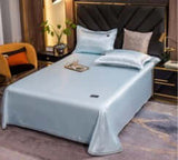 Ice Silk Bed Sheet Quilt Cover Pillowcase in Light Blue, showcasing a cool feeling solid color design.