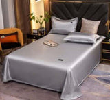 Ice Silk Bed Sheet Quilt Cover Pillowcase in Moonlight Silver, three-piece set with a cool feeling, solid color design.