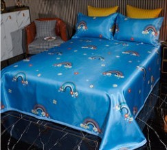 Ice silk bed sheet quilt cover and pillowcase set in blue with rainbow design for a cool and colorful bedroom decor.