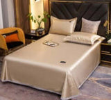 Ice Silk Bed Sheet Quilt Cover Pillowcase set in Light Beige color, perfect for a cool and comfortable sleeping experience.