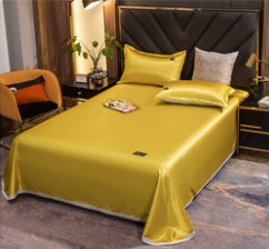 Ice Silk Bed Sheet Quilt Cover Pillowcase in golden yellow, three-piece set for a cool and elegant bedroom look.
