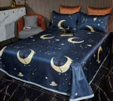Ice Silk bed sheet quilt cover and pillowcases with moon and star pattern in deep blue color.