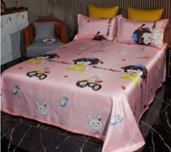 Colorful kids' bed set featuring playful cartoon designs on a pink Ice Silk quilt cover and matching pillowcases.