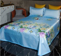 Ice Silk bed sheet set with floral design in blue color, featuring quilt cover and two pillowcases for a cool feeling.