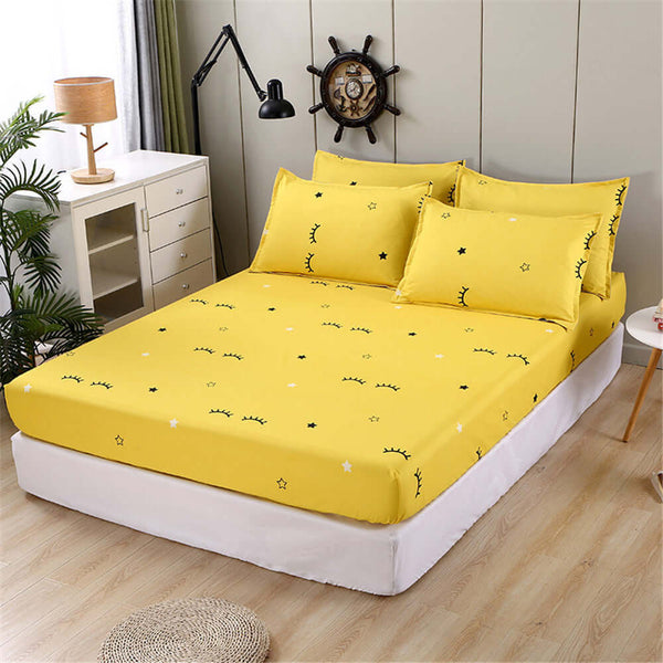 One Piece Bed Sheet Cover Aloe Cotton Simmons Non-slip and Dustproof Mattress Protector in yellow with star pattern.