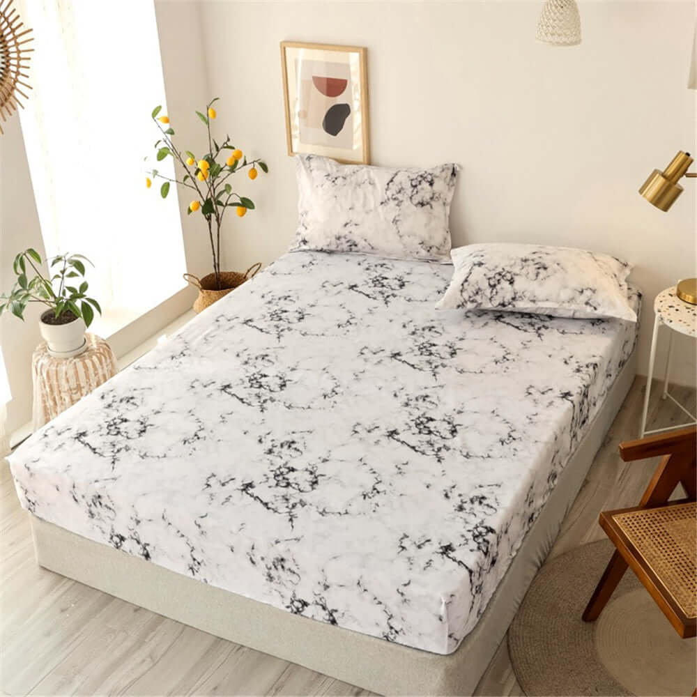 One Piece Bed Sheet Cover Aloe Cotton Simmons Non-slip Dustproof Mattress Protector in marble pattern.