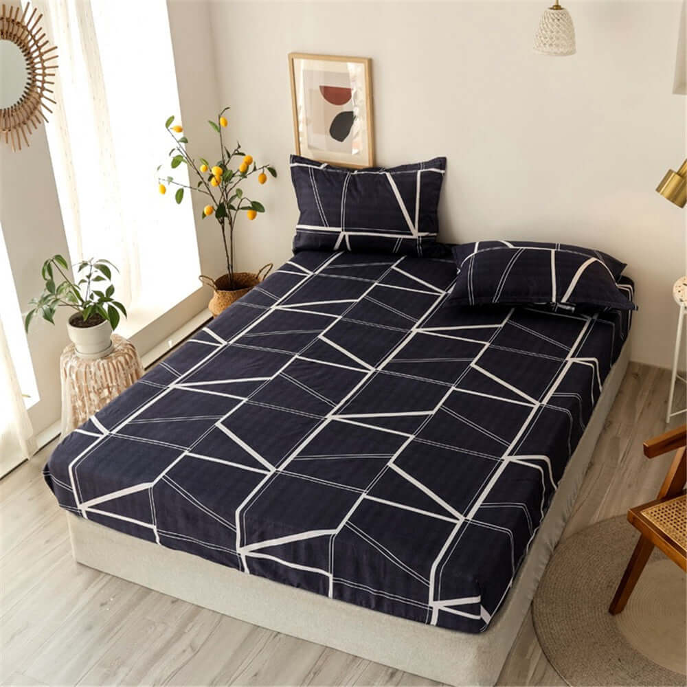 One Piece Bed Sheet Cover Aloe Cotton Simmons Non-slip and Dustproof Mattress Protector in navy geometric design.