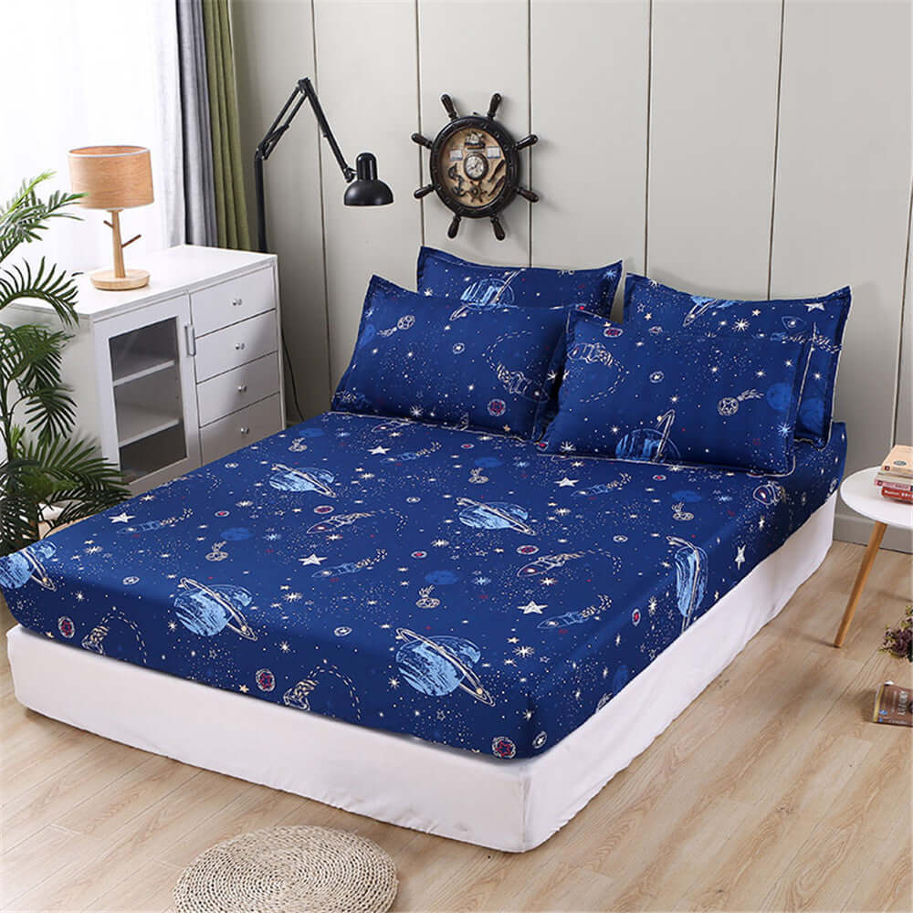 One Piece Bed Sheet Cover with space pattern, non-slip and dustproof mattress protector for 160cm bed.