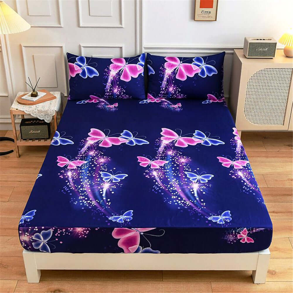 One Piece Bed Sheet Cover with butterfly pattern in dark blue, non-slip and dustproof mattress protector.