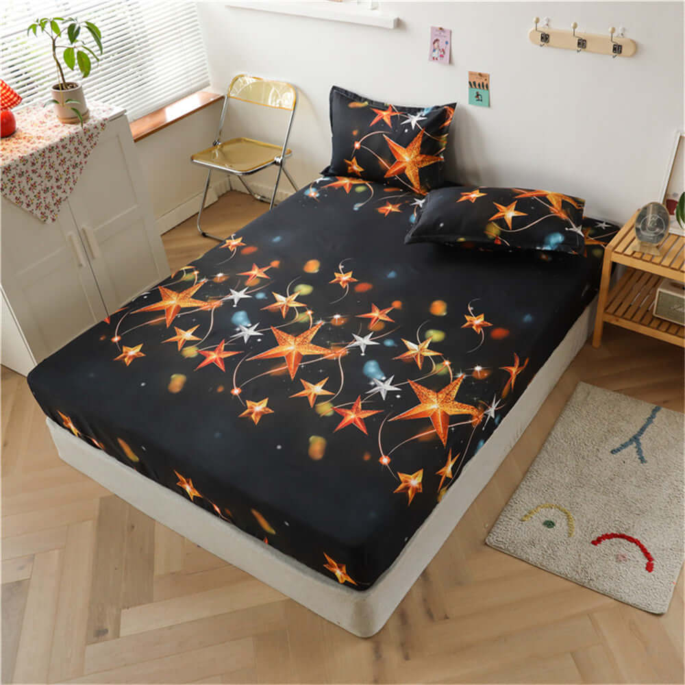 One Piece Bed Sheet Cover with star pattern on a mattress, featuring non-slip and dustproof design.