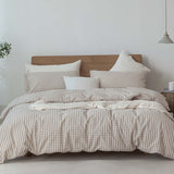 Japanese Style Muji-style Bed with Pure Color Lattice Duvet Cover and Bed Sheet in a modern bedroom setting.