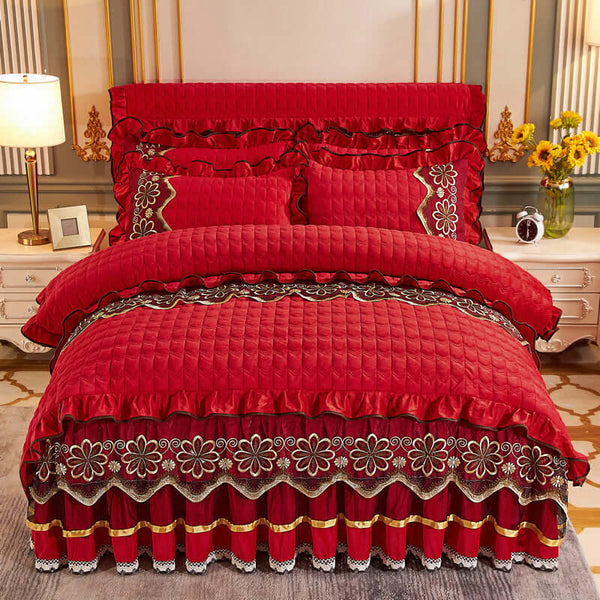 European Style Quilted Thick Plus Velvet Duvet Cover Bed Skirt Four-piece Suit in vibrant red with floral embroidery.