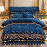 European Style Quilted Thick Plus Velvet Duvet Cover Bed Skirt Four-piece Suit in deep blue with floral embroidery.