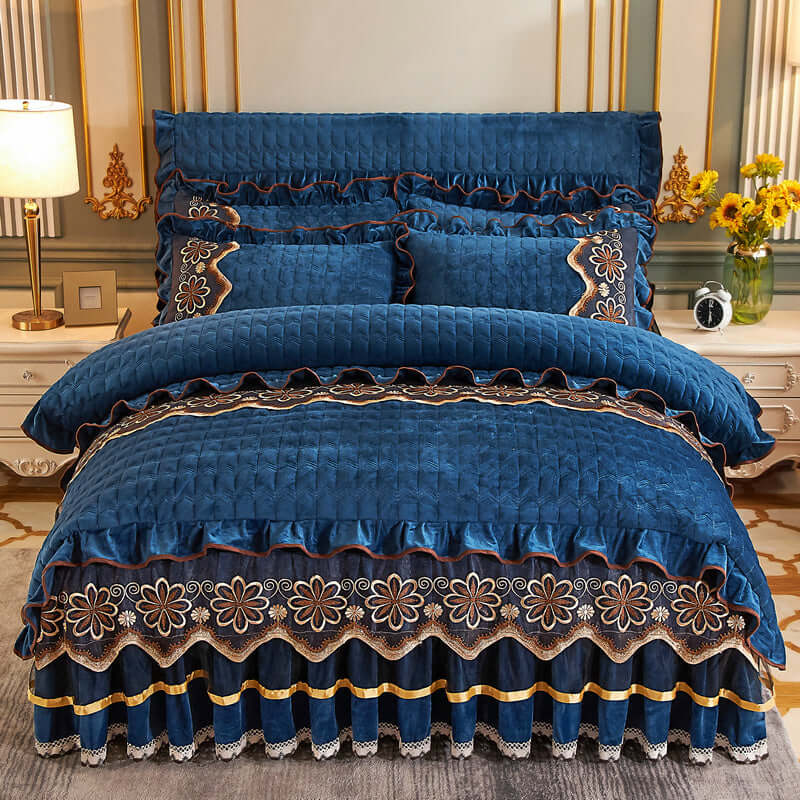 European Style Quilted Thick Plus Velvet Duvet Cover Bed Skirt Four-piece Suit in deep blue with floral embroidery.