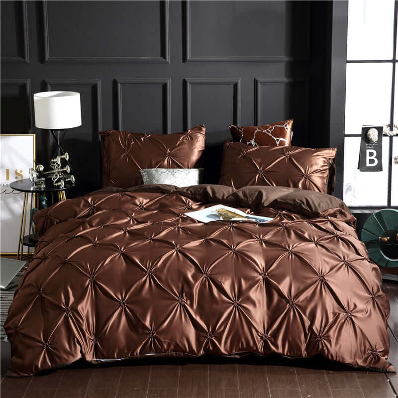 Luxurious European style washed silk three-piece solid color duvet cover set in rich brown shade.