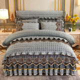 European Style Quilted Thick Plus Velvet Duvet Cover Bed Skirt Four-piece Suit in elegant gray with floral design.