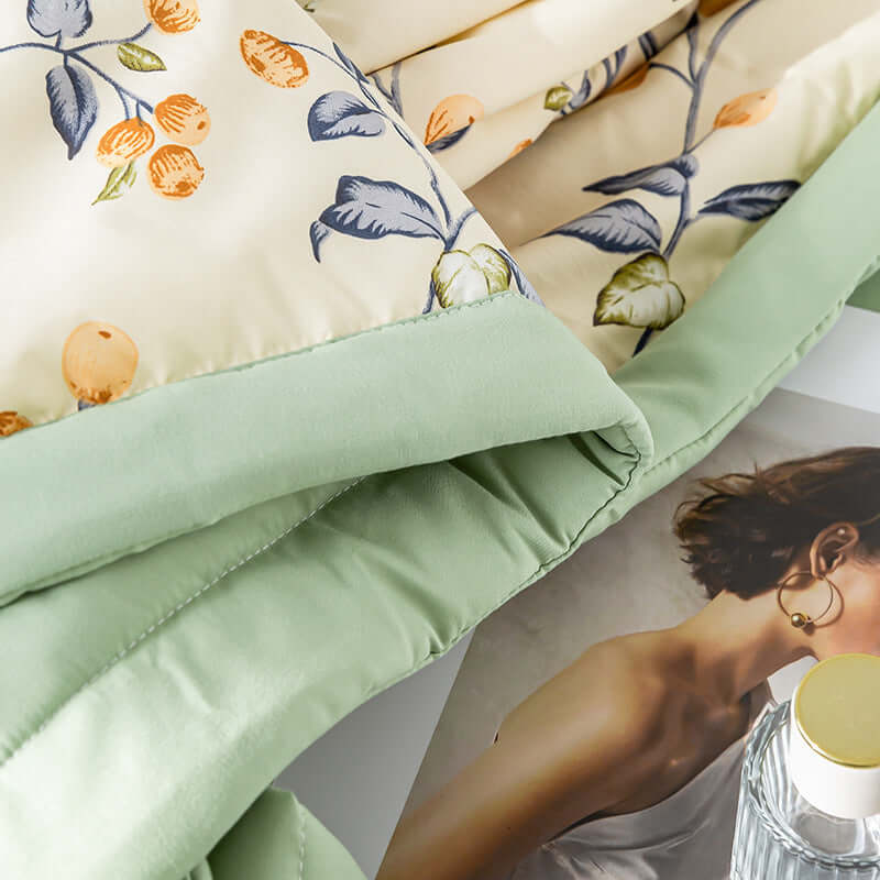 Cotton and linen summer blanket set with floral design, showcasing modern simplicity and dual color layers.