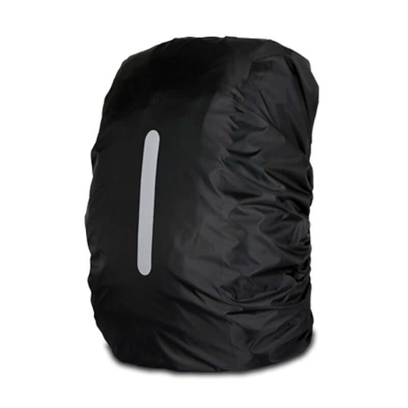 Outdoor Backpack Rain Cover Waterproof For Riding in black, featuring a vertical reflective strip for visibility.