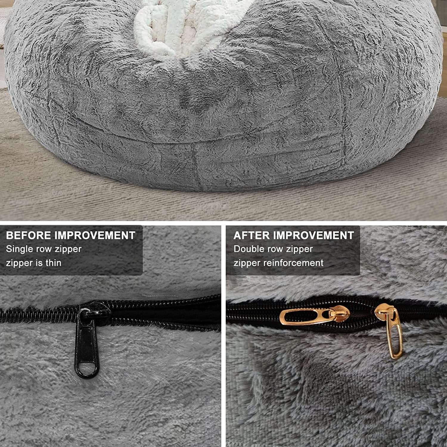 Comparison of zipper improvement for Big Round Soft Fluffy PV Velvet Sofa Bed Cover, showcasing single vs double row zipper.