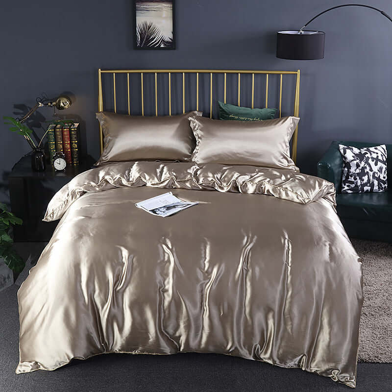 Summer Simple Pure Color Ice Silk Bed Linen Quilt Cover Bedding in champagne gold on a stylish bed.