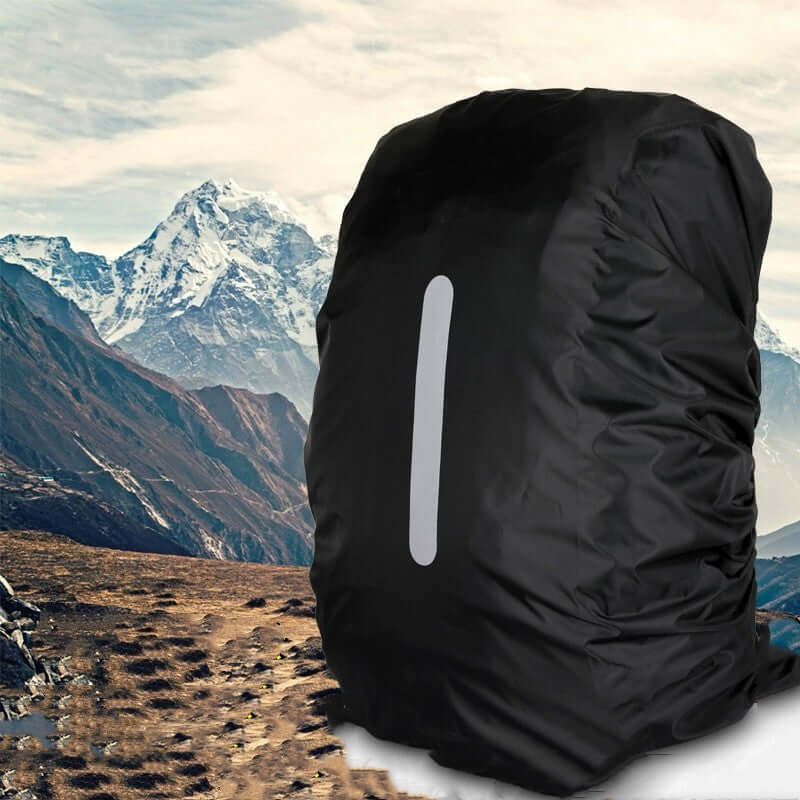 Outdoor Backpack Rain Cover Waterproof for Riding in black against a mountain backdrop.