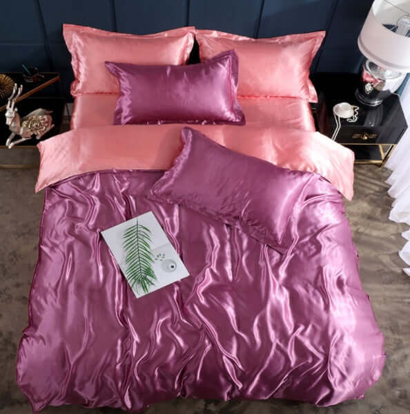 Bed Sheet Quilt Cover Naked Sleep Cool Silk Single Three Piece Set in pink and purple hues.