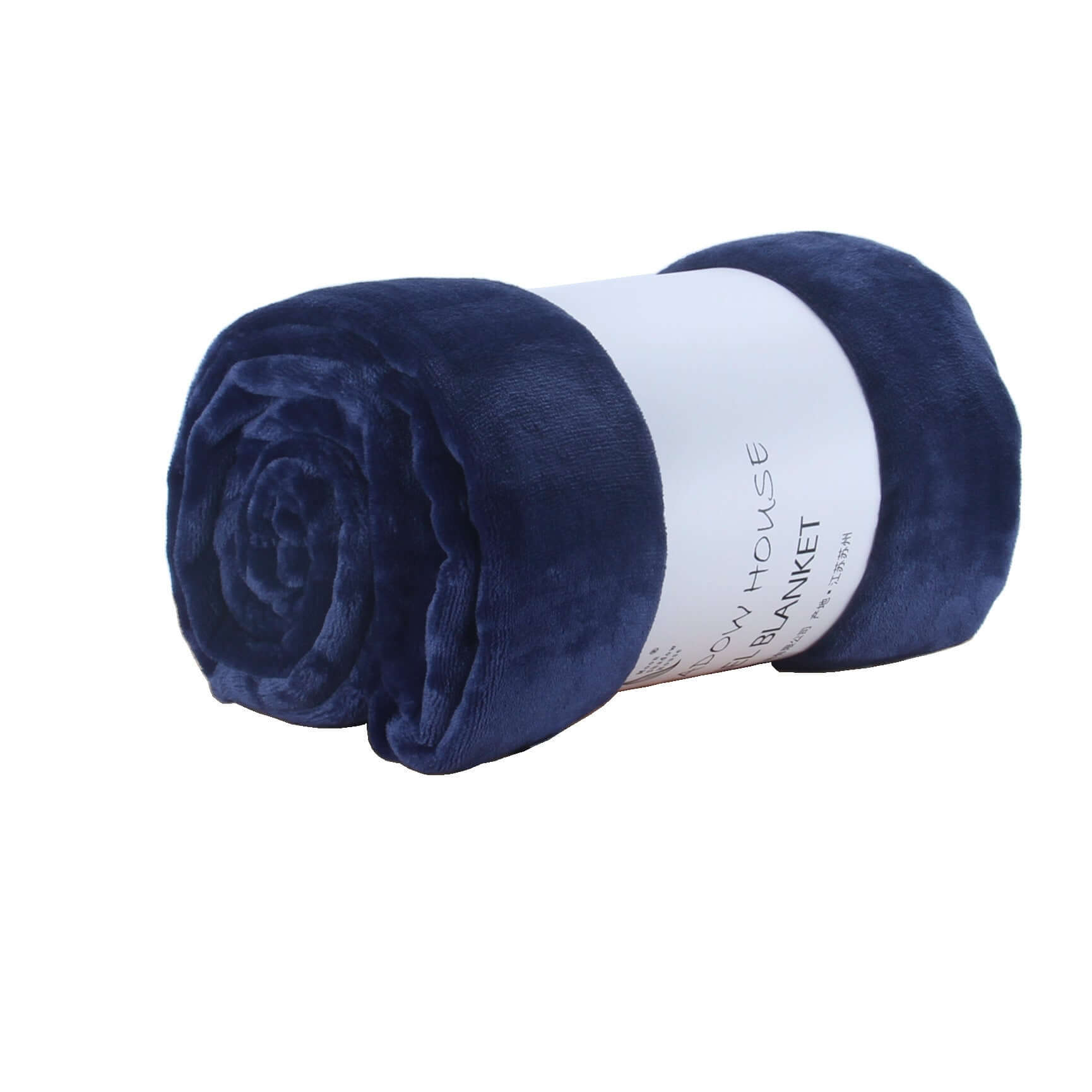 Rolled navy blue flannel coral fleece blanket with label, ideal for air-conditioning use and cozy naps.