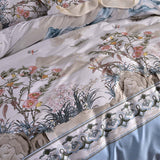 High-end satin duvet cover featuring floral and pastoral plant prints on bed linens.