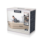 Bestway Single Double Layer Cloth Cover Floatation Bed with built-in pump and a woman relaxing on it.