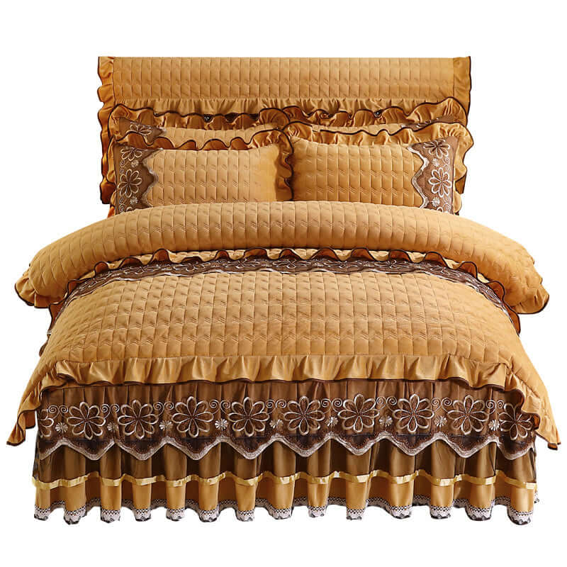 European Style Quilted Thick Plus Velvet Duvet Cover Bed Skirt Four-piece Suit in warm tones with floral embroidery.