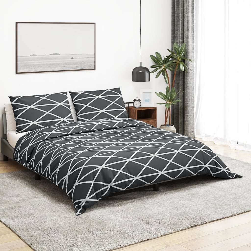 Duvet Cover Set Grey 240x220 cm Cotton on bed in modern bedroom with plants and decor
