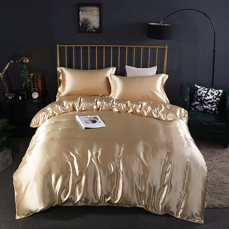 Summer Simple Pure Color Ice Silk Bed Linen Quilt Cover Bedding in champagne gold, featuring luxurious satin finish.