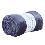 Rolled flannel coral fleece blanket in dark gray color with elegant label, ideal for air conditioning use.