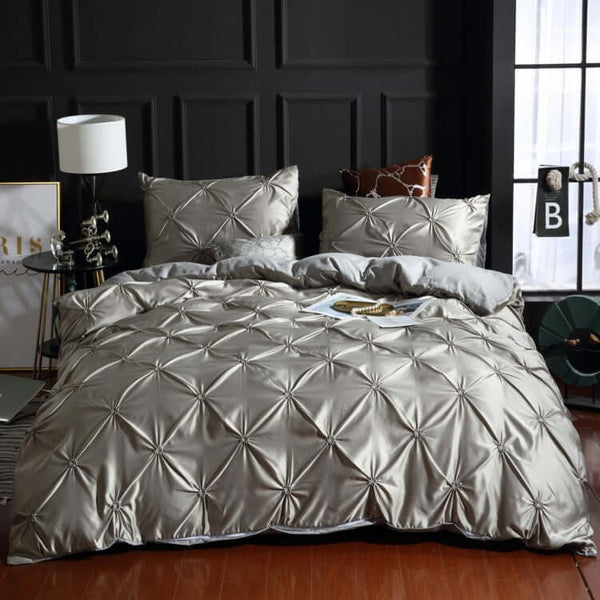 European style washed silk three-piece bed sheet duvet cover in solid color with stylish design.