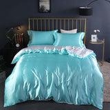 Summer Simple Pure Color Ice Silk Bed Linen Quilt Cover Bedding in turquoise with matching pillowcases.