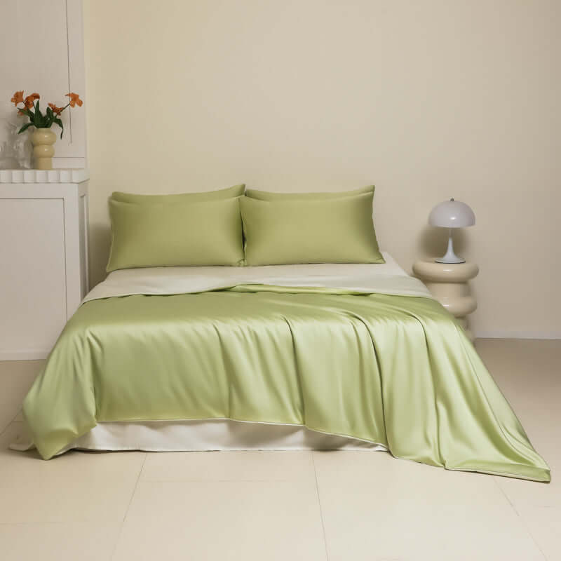 Washed Ice Silk Solid Color Silky Sleep Naked Bed Sheet Quilt Cover Fitted Sheet in light green.