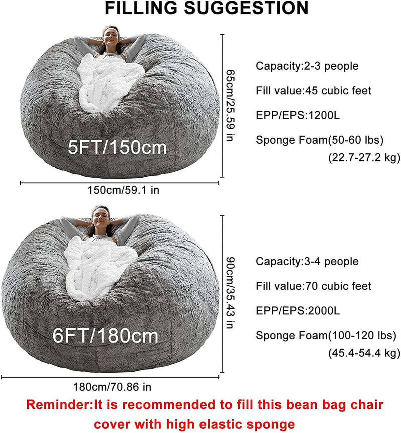 Filling suggestions for large bean bag chair covers, showing dimensions and recommended filling for 5ft and 6ft sizes.