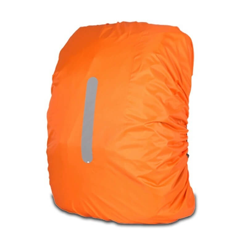 Outdoor Backpack Rain Cover Waterproof For Riding shown in bright orange with reflective strip.