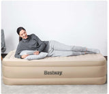 Woman relaxing on a Bestway single double layer floatation bed with cloth cover.