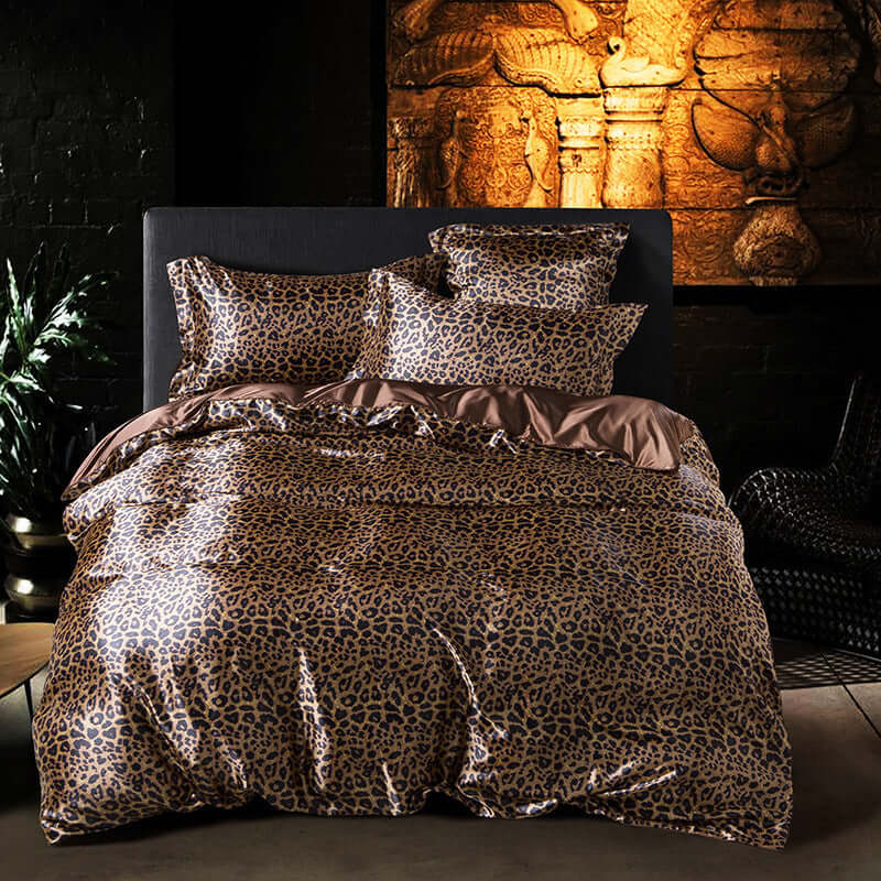 Leopard print Ice Silk quilt cover set in a stylish bedroom environment for summer bedding.