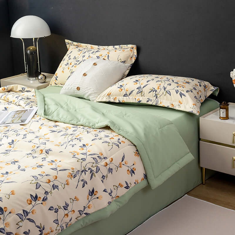 Cotton and linen double-layer summer blanket cover set with floral design on bed and decorative pillows.